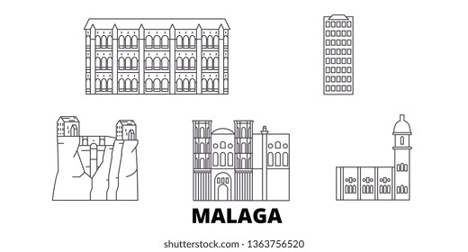 Spain, Malaga line travel skyline set. Spain, Malaga outline city vector illustration, symbol, travel sights, landmarks.