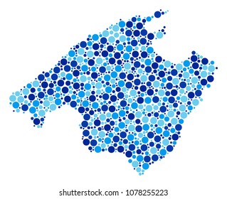 Spain Mallorca Island Map collage of small circles in various sizes and blue color tints. Randomized filled circles are organized into Spain Mallorca Island Map collage.