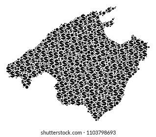 Spain Mallorca Island map collage of money signs and round spots in various sizes. Abstract vector investment and GDP Spain Mallorca Island map.