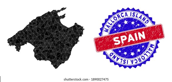 Spain Mallorca Island map polygonal mesh with filled triangles, and unclean bicolor stamp print. Triangle mosaic Spain Mallorca Island map with mesh vector model, triangles have different sizes,
