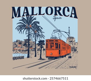 Spain Mallorca vector illustration, Mallorca Spain tram train vector art, , Hand drawn vacation artwork for t shirt, poster, graphic print