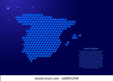 Spain map from 3D classic blue color cubes isometric abstract concept, square pattern, angular geometric shape, glowing stars. Vector illustration.