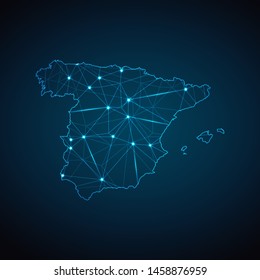 Spain Map - Abstract geometric mesh polygonal network line, structure and point scales on dark background with lights in the form of cities. Vector illustration eps 10.