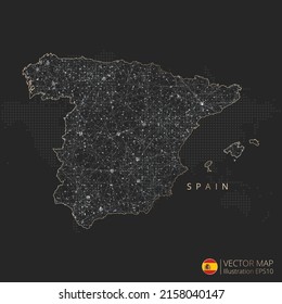 España mapea el concepto abstracto de malla geométrica de luz poligonal con líneas de contorno de color blanco y negro países y puntos sobre fondo oscuro. Ilustración vectorial.