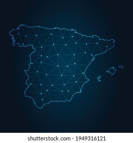 mapa de españa Resumen de líneas de purga y escalas de puntos en fondo oscuro. Línea de red poligonal de malla 3D del marco de cables.