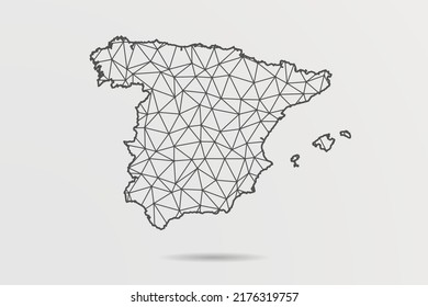 Mapa de España - Resumen de la línea de mash y las escalas de puntos sobre fondo blanco con el Mapa Mundial. Malla 3D del marco de cables línea de red poligonal, esfera de diseño, punto y estructura - Ilustración vectorial eps 10