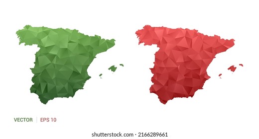 Spain map of abstract vector polygon set couple color green and red.