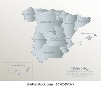 Spain map, administrative division with names, white blue card paper 3D vector