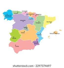 Spain map background with regions, region names and cities in color. Spain map isolated on white background. Vector illustration