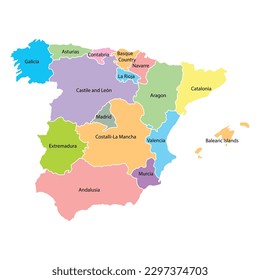 España mapea el fondo con las regiones y nombres de regiones en color. Mapa de España aislado de fondo blanco. Ilustración del vector