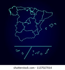 spain map: blue glitter outline with sparkling stars on dark background. Detailed map of spain. Vector illustration.