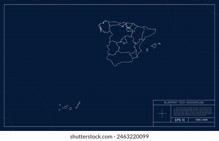 Spain Map with Blueprint Tech Style Background.