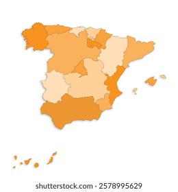 Spain map with border highlighted regions, states, isolated on white background. Template map of Spain. Detailed vector illustration.