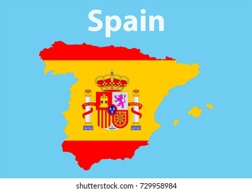 Spain. Map of the border, on the background of the Spanish flag. The flag consists of red and yellow stripes. On the yellow stripe is the coat of arms of Spain.
