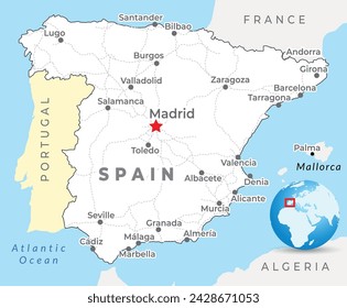 Spain map with capital Madrid, most important cities and national borders 