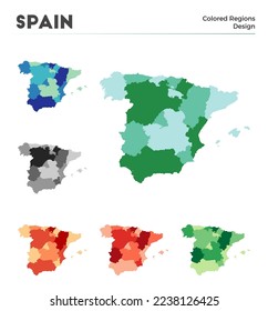 Spain map collection. Borders of Spain for your infographic. Colored country regions. Vector illustration.