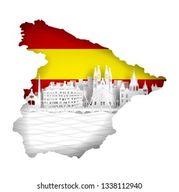 Spain map concept with flag and famous landmark for travel postcard and poster, brochure, advertising in paper cut style vector illustration 