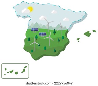 Spanien Karte für erneuerbare Energien mit Windgenerator und Solarpaneelen