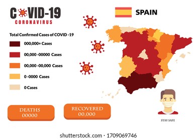 Spain map with covid-19.Covid-19 Spain map confirmed cases.Spain Maps and news headline show situation. Vector Illustration