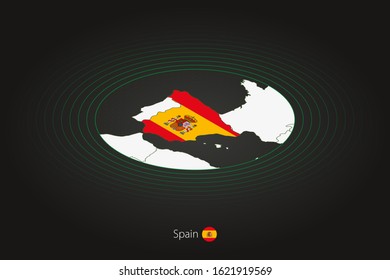 Spain map in dark color, oval map with neighboring countries. Vector map and flag of Spain