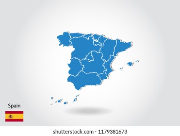 Spain map design with 3D style. Blue Spain map and National flag. Simple vector map with contour, shape, outline, on white.