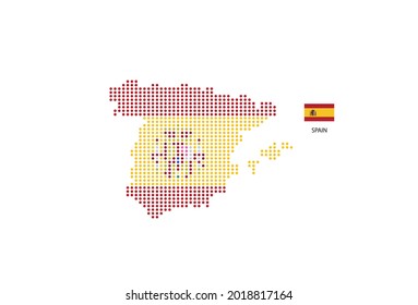 Spanien Karte Design nach Farbe der Flagge Spaniens in Kreisform, weißer Hintergrund mit spanischen Flagge.