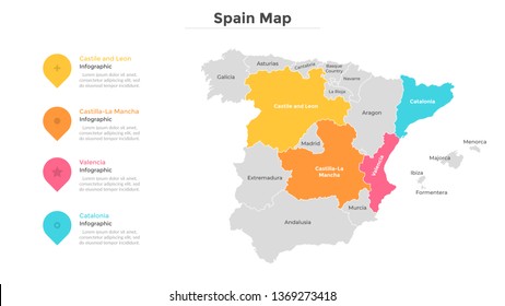 Spain map divided into provinces or regions with modern borders. Geographic location indication. Infographic design template. Vector illustration for presentation, brochure, touristic website.