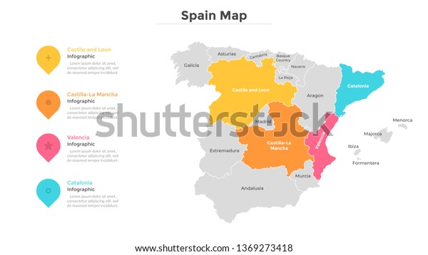 Spain map divided into provinces or regions with\
modern borders. Geographic location indication. Infographic design\
template. Vector illustration for presentation, brochure, touristic\
website.
