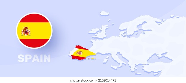 spain map flag banner. Vector illustration with a map of Europe and highlighted country with national flag