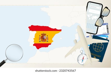 Spain map and flag, cargo plane on the detailed map of Spain with flag, passport, magnifying glass and airplane. Vector template.