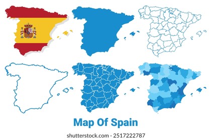 Spain Map with flag and flat outline vector illustration set