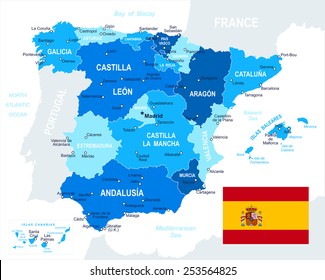 Spain - map and flag - illustration Spain map and flag - highly detailed vector illustration Image contains next layers: -land contours -country and land names -city names -water object names -flag