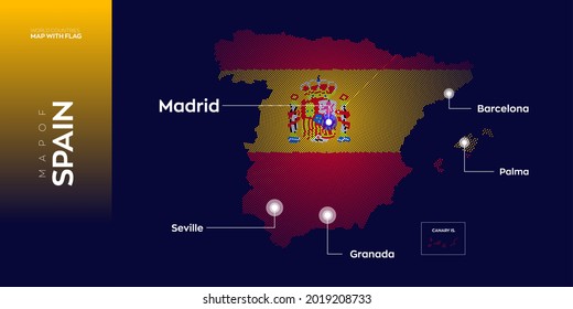 Spain map with flag info graphic. Abstract vector map of Spain with capital and major cities. Dots composition map on dark background.
