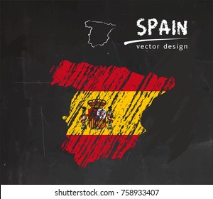 Spain map with flag inside on the blackboard. Chalk sketch vector illustration
