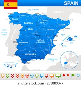 Spain - map, flag and navigation icons - illustration Image contains next layers: - land contours - country and land names - city names - water object names - flag - navigation icons