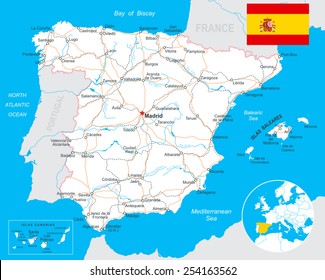 Spain - map, flag, navigation labels, roads - illustration