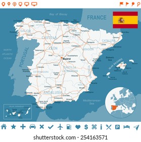 Spain - map, flag, navigation labels, roads - illustration 