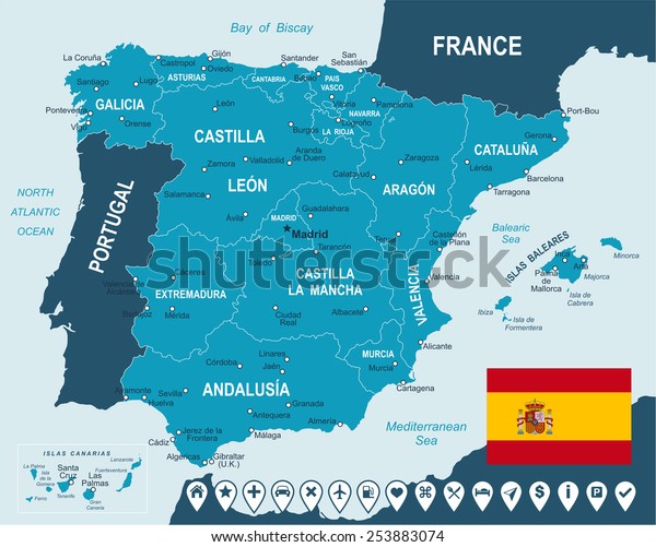 Spain -\
map, flag and navigation labels - illustration Image contains next\
layers: - land contours - country and land names - city names -\
water object names - flag - navigation icons\
