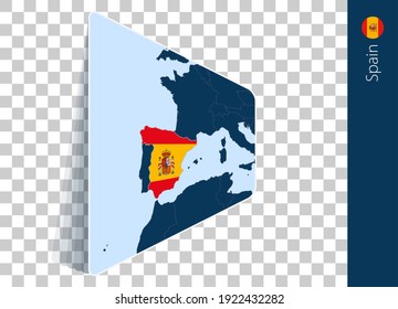 Spain map and flag on transparent background. Highlighted Spain on blue vector map.