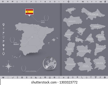 Spain map and flag with regions. High Detailed Vector Illustration.