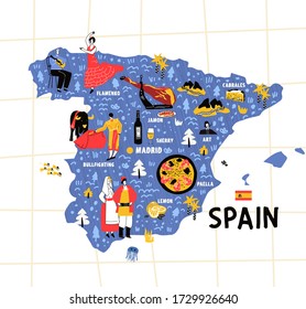 Spain map flat hand drawn vector illustration flag. Names lettering and cartoon landmarks, tourist attractions cliparts. Madrid travel, trip comic infographic poster, banner concept design