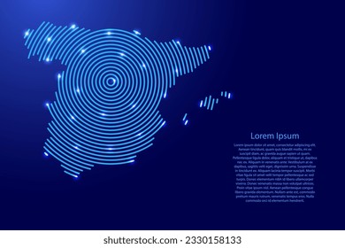 Mapa de España de futuristas círculos de azul concéntrico y brillantes estrellas para carteles, afiches, tarjetas de saludo