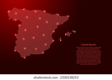 Spain map from futuristic concentric red circles and glowing stars for banner, poster, greeting card