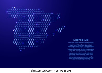 Spain map from futuristic hexagonal shapes, lines, points  blue and glowing stars in nodes, form of honeycomb or molecular structure for banner, poster, greeting card. Vector illustration.