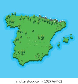 Spain map with geographic landscape on blue sea background. Illustration spanish map with nature landscape and blue sea