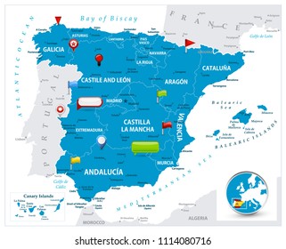 Spain Map and glossy icons on map. Detailed vector illustration of map.