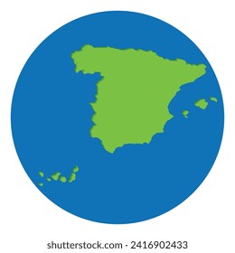  Spain map green color in globe design with blue circle color.