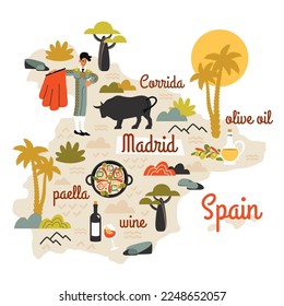 Spain map hand drawn with doodle elements. Tourist attractions, cultural landmarks, bullfightingbull, paella, traditional food, olive oil, flora, mountains. Vector flat cartoon illustration