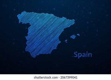 Spain map hand drawn scribble sketch.Vector map in futuristic style on dark blue space background. Vector illustration.
