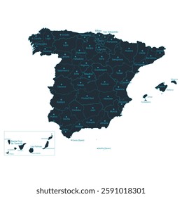 Spain map high detailed with administrative divide by state, capital cities names, outline simplicity style. Vector illustration EPS10.